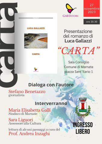 STASERA ore 20.30  presentazione libro "Carta" di Luca Gallazzi