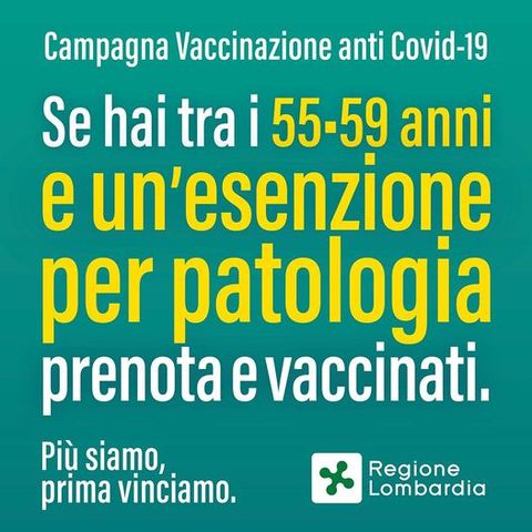 Vaccinazioni Covid 19: al via le prenotazioni per la fascia 55-59 con un'esenzione per patologia