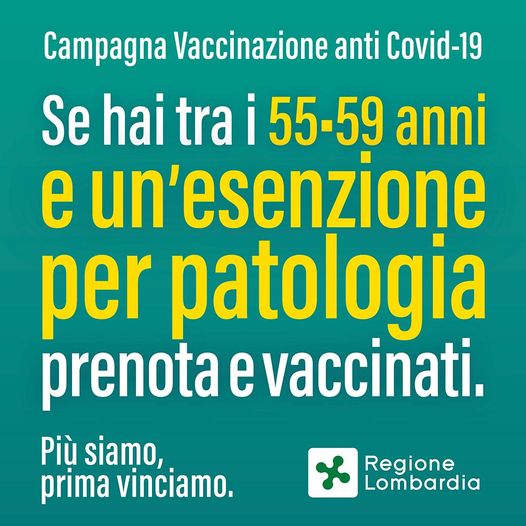 Vaccinazioni Covid 19: al via le prenotazioni per la fascia 55-59 con un'esenzione per patologia