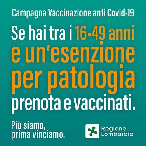 Vaccinazione Covid 19: prenotazioni per persone fragili dai 16 ai 49 anni
