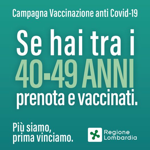 Vaccinazioni Covid 19: dal 20 maggio prenotazioni per la fascia 40-49 anni