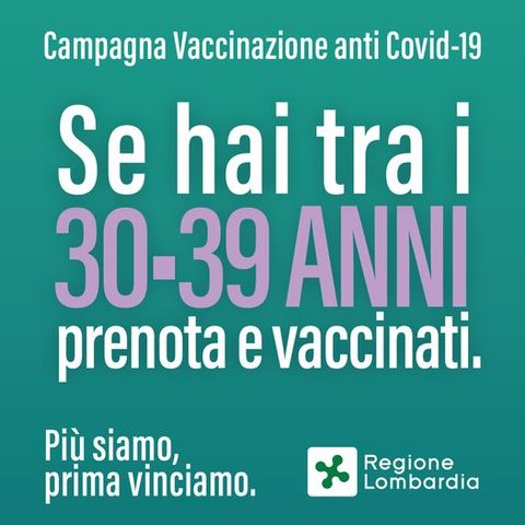 Vaccinazioni Covid 19: dal 27 maggio prenotazioni per la fascia 30-39 anni
